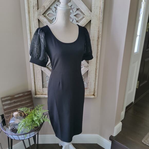 Absolutely Famous Women's Illusion Short Sleeve Midi Sheath Dress in Black - Picture 1 of 14
